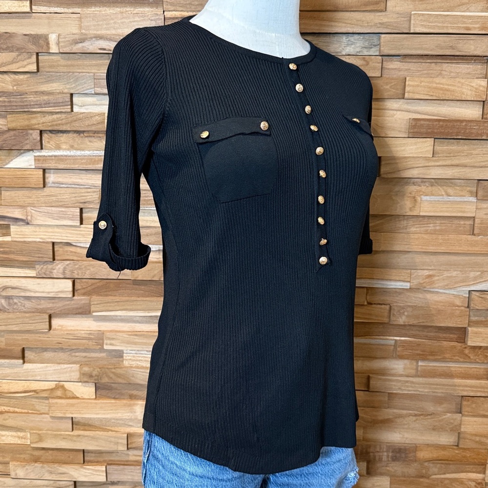 Verte | Black | Ribbed Knit Top |Gold Button Detail | OS - One Size